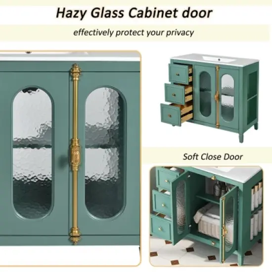 36" Solid Wood Bathroom Vanity with Soft Close Doors, 3 Drawers & Ceramic Sink, White/Lake Green Modern Storage Cabinet - ModernLuxe image {2}