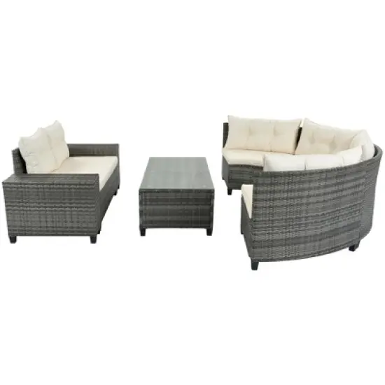 8-Piece Outdoor Patio Wicker Half-Moon Sectional Sofa Set with Rectangular Coffee Table image {9}