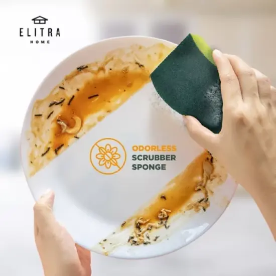 ELITRA HOME Heavy Duty Scrubber Sponge, with Smell Resistant Hydrophilic Foam Technology, Odorless - Green image {2}