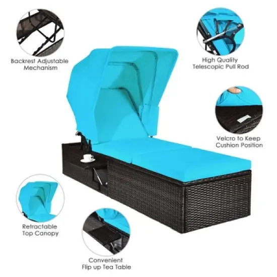 Costway Patio Rattan Lounge Chair Chaise Cushioned Top Canopy Adjustable Turquoise image {7}