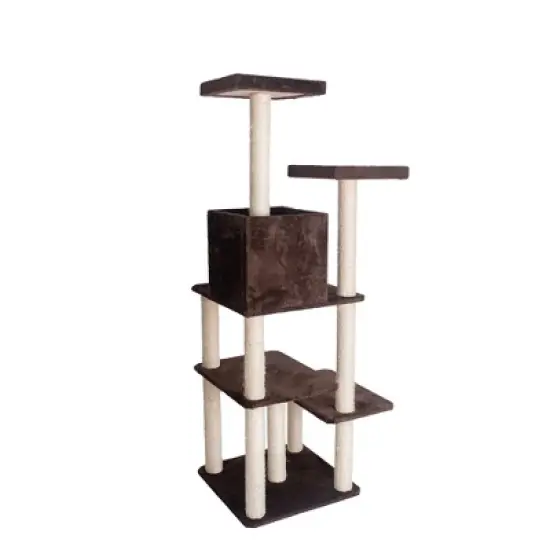 GleePet GP78680723 66-Inch Real Wood Cat Tree In Coffee Brown With Four Levels, Two Perches, Condo image {5}