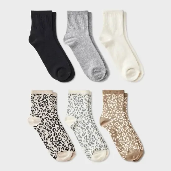 Women's Leopard & Solid Ribbed 6pk Ankle Socks - A New Day&trade; Black/Gray/Ivory 4-10 image {3}