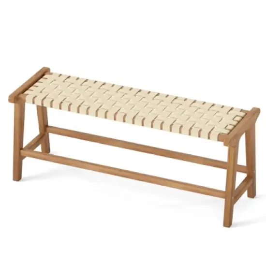 Tangkula 47" Long Teak Wood Patio Bench w/Weave Seat Solid Wood Legs Backless for Porch image {10}