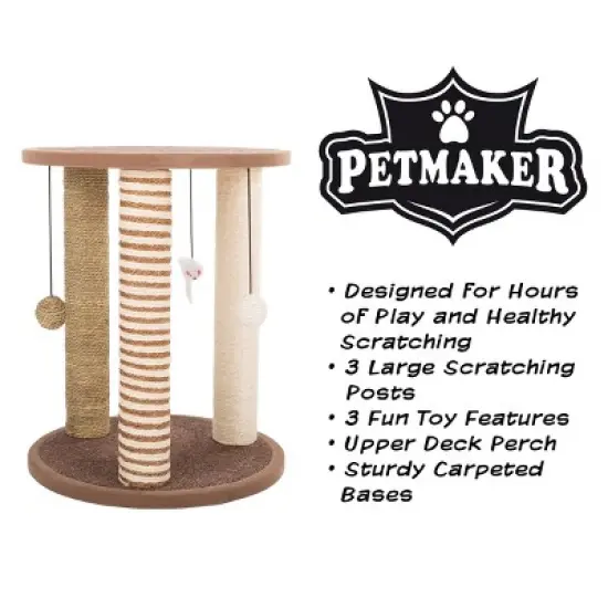 Cat Scratching Post - 3 Scratcher Posts with Carpeted Base Play Area and Perch - Furniture Scratching Deterrent for Indoor Cats by PETMAKER (Brown) image {2}