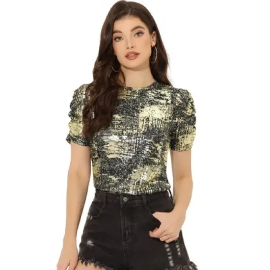 Allegra K Women's Glitter Puff Sleeve Round Neck Stretch Casual Shiny T-Shirt image {7}