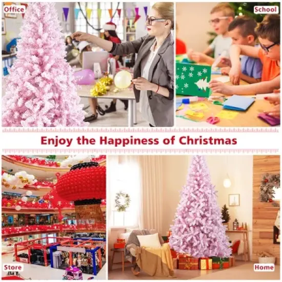 Costway 7.5FT Pre-Lit Snow Flocked Pink Christmas Tree 1100 Tips w/ 450 Lights & 8 Modes image {4}
