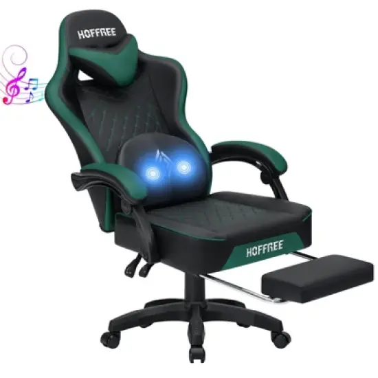 Hoffree Leather Massage Gaming Chair Ergonomic Office PC Chair with Bluetooth Speaker & Footrest image {14}