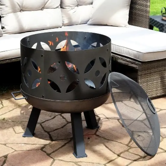 Sunnydaze Outdoor Camping or Backyard Cast Iron Retro Round Fire Pit Bowl with Handles and Spark Screen - 26" - Black image {1}