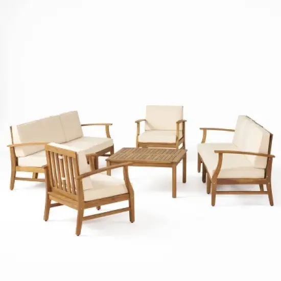 Perla 9pc Acacia Wood Patio Conversation Set - Teak/Cream - Christopher Knight Home image {1}