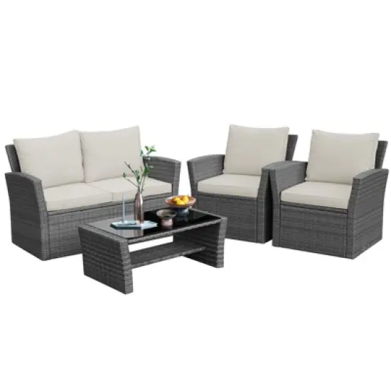 Tangkula 4-Piece Rattan Wicker Patio Outdoor Furniture Sofa Set with Cushions & Tempered Glass Table image {12}