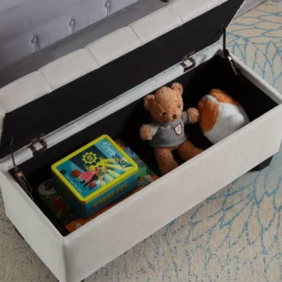 Entryway Bench Upholstered Storage Rectangular Bench, Bedroom Bed End Bench Bed Foot, Entryway Bench Light Beige Linen Fabric Plaid White image {4}