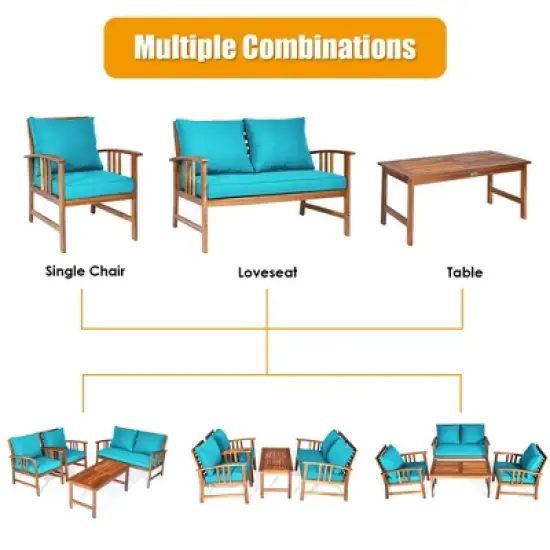Tangkula 8pcs Wooden Patio Furniture Set Table & Sectional Sofa w/ Turquoise Cushion image {3}