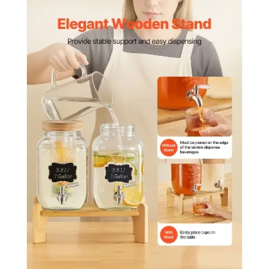 VEVOR Beverage Dispenser, 2 Pack 1 Gallon Drink Dispensers for Parties, Glass Juice Dispenser with Wood Stand, Stainless Steel Spigot,Infuser, Clear image {5}