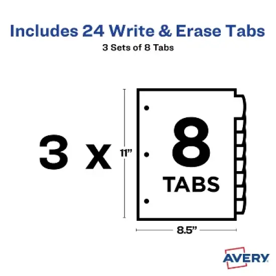Avery Big Tab Write & Erase Durable Plastic Dividers, 8-Tab Set, Multicolor Brights, 3 Sets (21210) image {3}