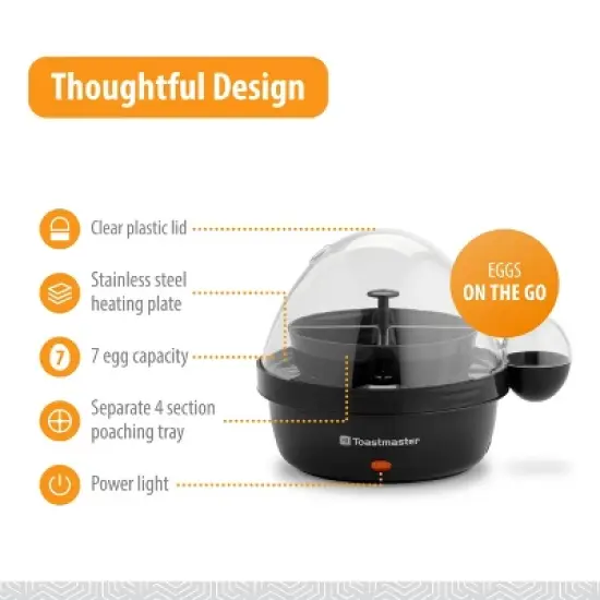 Toastmaster Rapid Electric Egg Cooker with Auto-Off, 7 Egg Capacity for Soft, Medium and Hard Boiled Eggs, Poaching Tray, Black image {2}