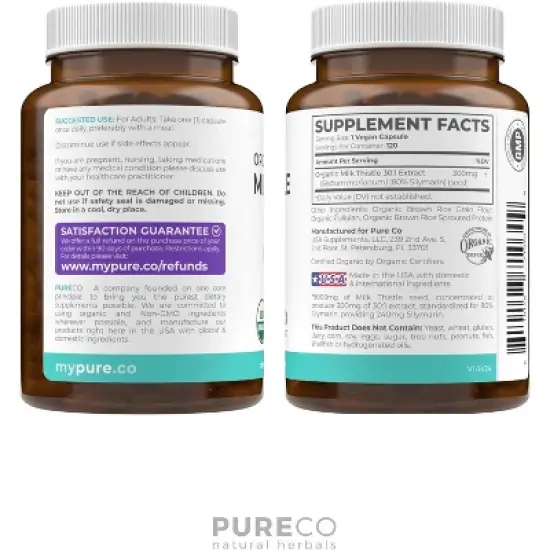 USDA Organic Milk Thistle Capsule, 80% Silymarin Supplement for Liver Support, 9,000mg Milk Thistle Extract for Liver Detox, Pure Co, 60 or 120ct image {5}