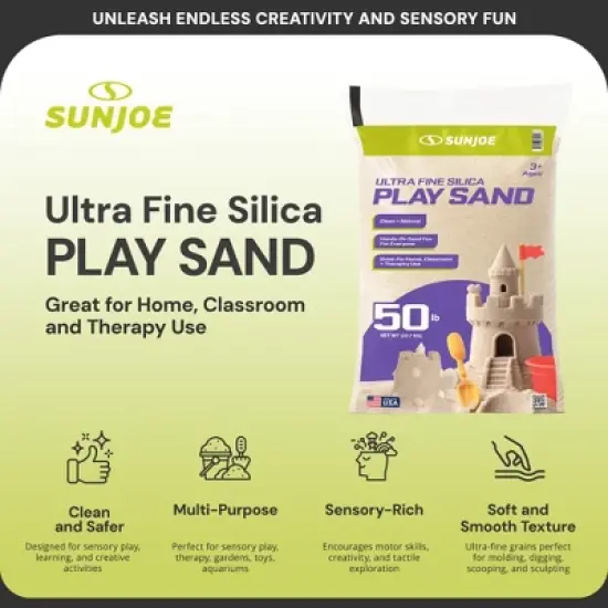 Sun Joe Ultra Fine Silica Play Sand for Sandboxes, Sensory Tables, Weighted Toys & Aquariums, for Molding, Digging & Sculpting, 50 lbs, PLYSAND50 image {1}