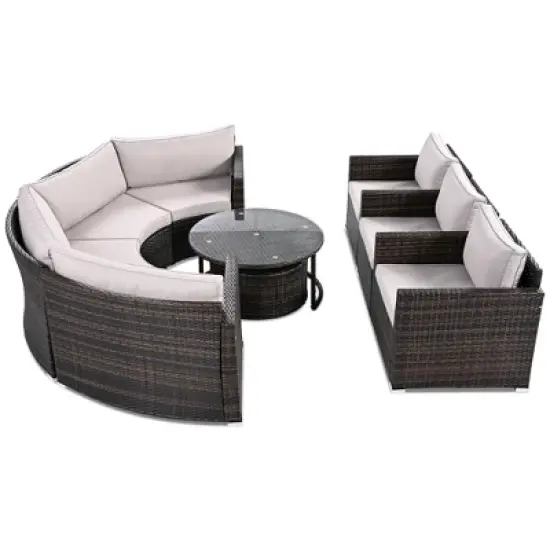 Whisen Modern Style Outdoor Half-moon Patio Sofa Set, 9-Pieces Round Sofa Set image {6}