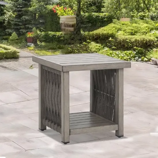 COWLOWN Outdoor Aluminum Side Table with Slatted Top & Lower Shelf, All-Weather Patio End Table with Faux Wood Finish for Garden, Balcony, or Porch image {2}