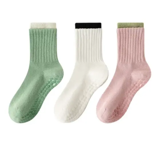 Anna-Kaci Womens Non-Slip Grip Crew Socks 3 Pair Pack Custom Color Combos Soft Ribbed Cotton with 3D Silicone Heel image {13}