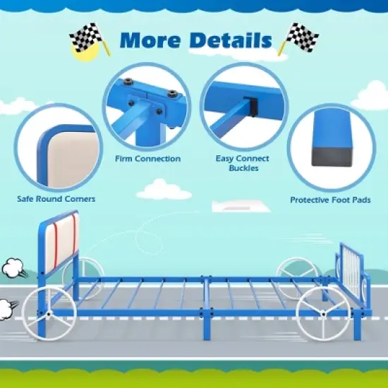 Tangkula Twin Size Kids Bed Frame Car Shaped Metal Platform Bed w/ Upholstered Headboard image {3}