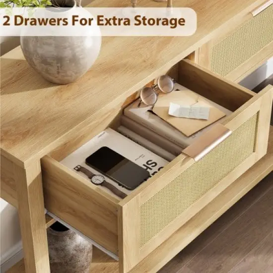 Entryway Table with Drawers, Rattan Console Table with Storage, Boho 2-Tier Sofa Table for Living Room and Hallway image {6}