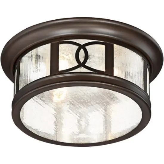 John Timberland Modern Flush Mount Outdoor Ceiling Light Fixture Mission Oil Rubbed Bronze Drum 12" Seedy Glass Damp Rated for Porch Patio image {6}
