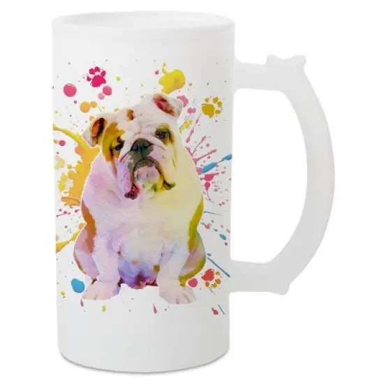 100 North Freezable Beer Stein Mug With Thumb Grip Handle, 16 Ounce Frosted Glass, English Bulldog Paint Splatter image {5}