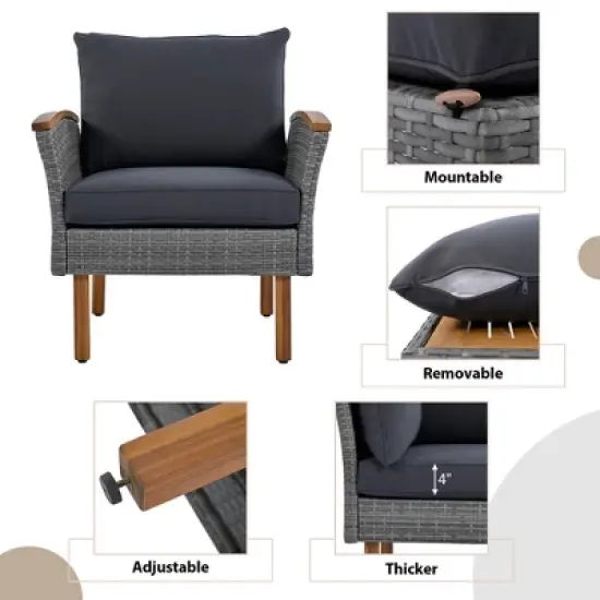 FIONECA 9-Piece Outdoor Patio Rattan Furniture Set with Acacia Wood Legs & Tabletop, PE Rattan Sectional Sofa & Coffee Table, Gray Cushions image {2}