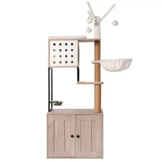YOOCOZZ Cat Tree with Litter Box Enclosure,Cat Condo with Scratching Posts, Feeding Bowl and Removable Pompom Sticks image {1}