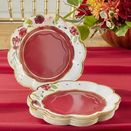 Kate Aspen Burgundy Blush Floral 7 in. Premium Paper Plates (Set of 64) | 28519NA image {4}