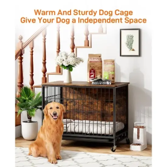 Whizmax Dog Crate Furniture, 32.5'' Wooden Dog Kennel with Wheels and Double Door, Decorative Pet House with Removable Tray for Living Room, Bedroom image {2}