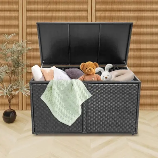 WELLFOR 88gal Outdoor Patio Garden Rattan Storage Box Black image {2}