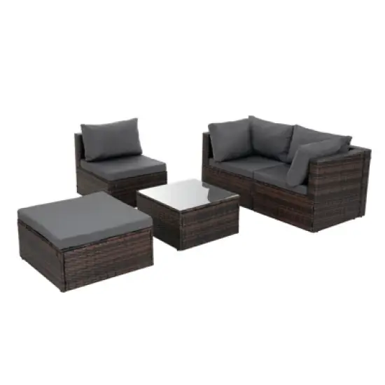 GlasFlength 5PCS Patio Seating Rattan Furniture Set Sectional Sofa Cushioned Garden, Tempered Glass Table, Grey, 28.94"*28.55"*24.8" image {1}