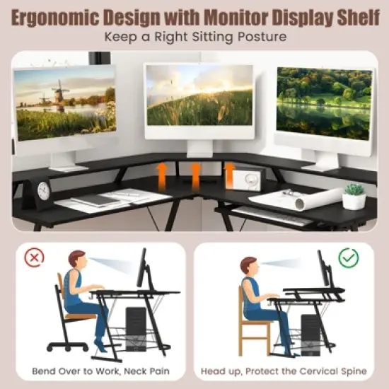 Tangkula L-shaped Computer Corner Desk 51&rdquo; Reversible Office w/Power Outlet USB Ports Monitor Stand Keyboard Tray Gaming Desk with Hook image {5}