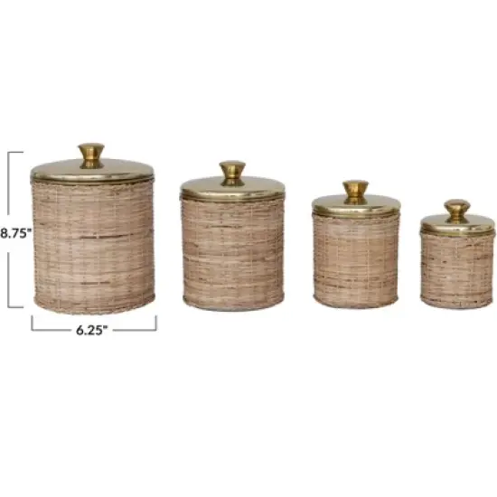 Storied Home Rattan Wrapped Stainless Steel Canisters, Set of 4, Brass Finish image {1}
