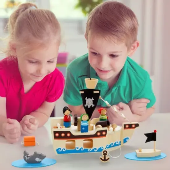 11-Pcs Blue Panda Kids Pirate Ship Set, Wooden Toy Boat with Accessories for Boys and Girls, Kids Ages 3 and Up, Pirate Playset Pack with Figurines image {1}