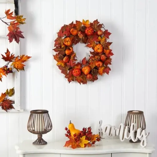 Nearly Natural 24&rdquo; Autumn Maple Leaves, Pumpkin, Pinecone and Berries Artificial Fall Wreath image {2}