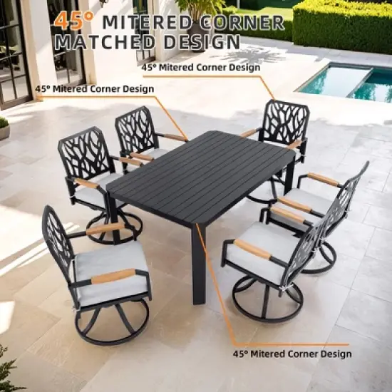 UNISOAR 7-PC Outdoor Patio Aluminum Furniture Set, Modern Dining Set. Rectangular Table with 6 Swivel Rockers Sunbrella Fabric Cushioned image {2}