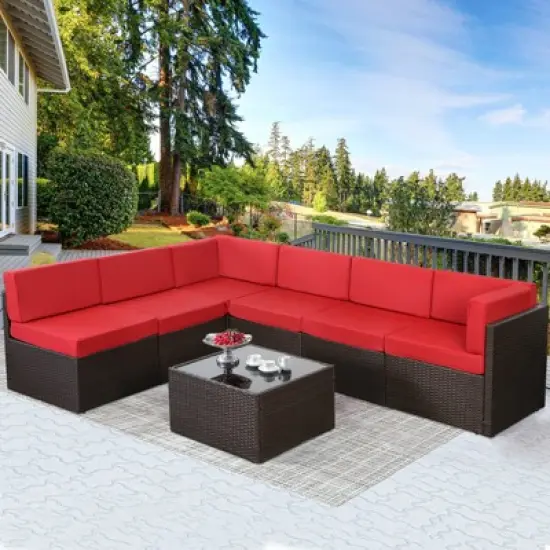 COWLOWN 7 Piece Patio PE Rattan Wicker Sofa, Outdoor Sectional Furniture Chair Set with Cushions and Coffee Table,Patio PE Rattan Wicker Sofa image {3}