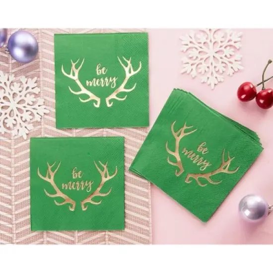 Juvale 50-Pack Green Be Merry in Gold Foil Disposable Paper Cocktail Napkins for Christmas Party Supplies image {1}