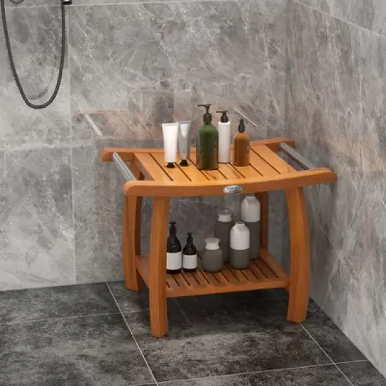 Tangkula Teak Wood Shower Bench 2-Tier Wooden Shower Stool w/ Curved Seat Handles Large image {2}