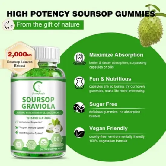 GPGP GreenPeople Soursop Graviola Gummies, Soursop Leaves Extract - Energy Boost, Digestive & Immune Support, Antioxidant - Vegan, Non-GMO - 60 Ct image {2}