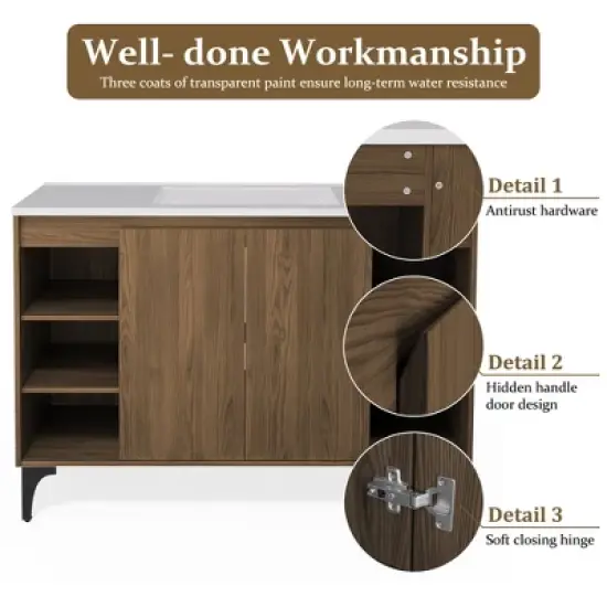 HYLEORY 48" Bathroom Vanity with Basin, Bathroom Storage Cabinet with Two Doors and open shelf, Solid Frame image {3}