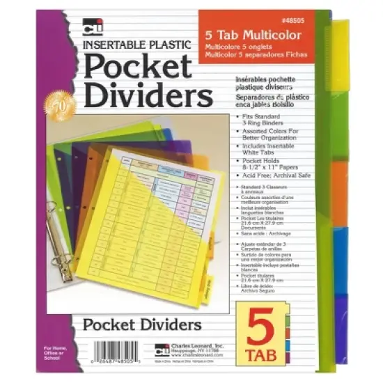 Charles Leonard Index Dividers with Pockets, 5-Tab, Assorted Colors, 5/Pack, 6 Packs image {1}