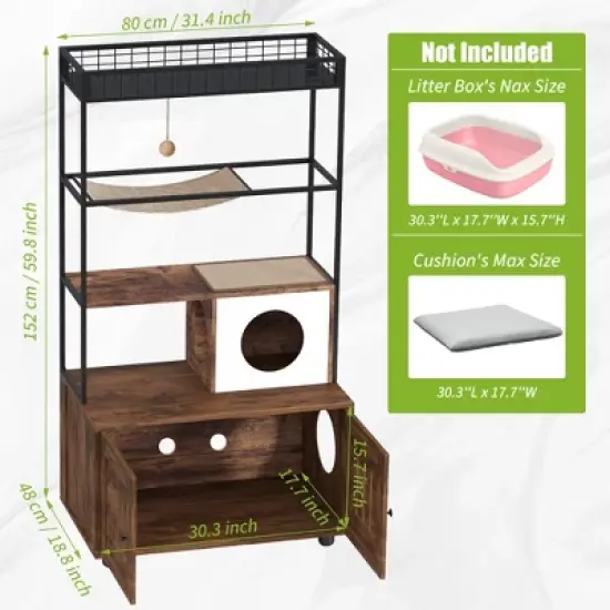 COZONY 60" Cat Litter Box Enclosure with Shelf Storage &mdash; 2-in-1 Wooden Cat House Condo, Reversible Entrance, Sisal Hammock & Playing Ball for Cats image {1}
