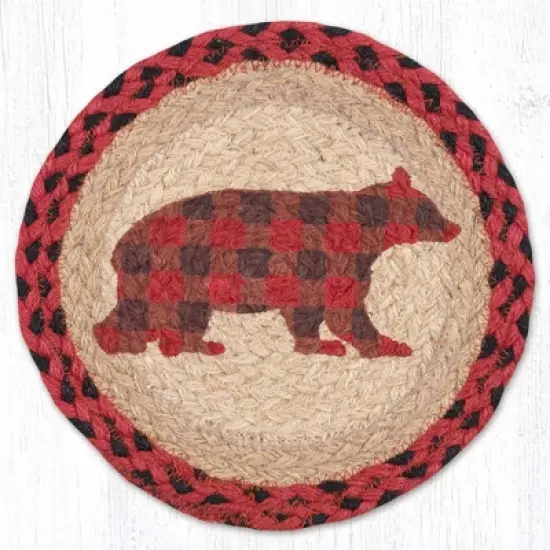 Earth Rugs Flannel Bear Round Trivet &ndash; 10" Plaid Bear Print on Braided Natural Jute Table Mat image {3}