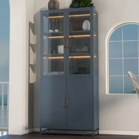 Kumasinova 77" Display Storage Cabinet with LED Lights,180&deg; View Kitchen Pantry Cabinet with Glass Doors,Metal Frame Display Cabinet for Living Room image {5}