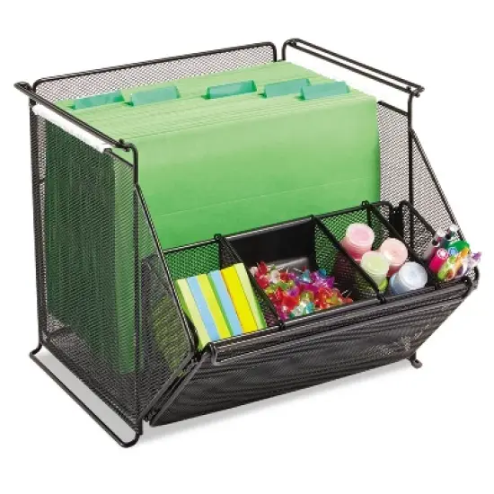 Safco Onyx Stackable Mesh Storage Bin, 4 Compartments, Steel Mesh, 14 x 15.5 x 11.75, Black image {1}
