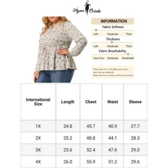 Agnes Orinda Women's Plus Size Floral Ruffle Neck Drawstring Waist Long Sleeve Peplum Tops image {5}